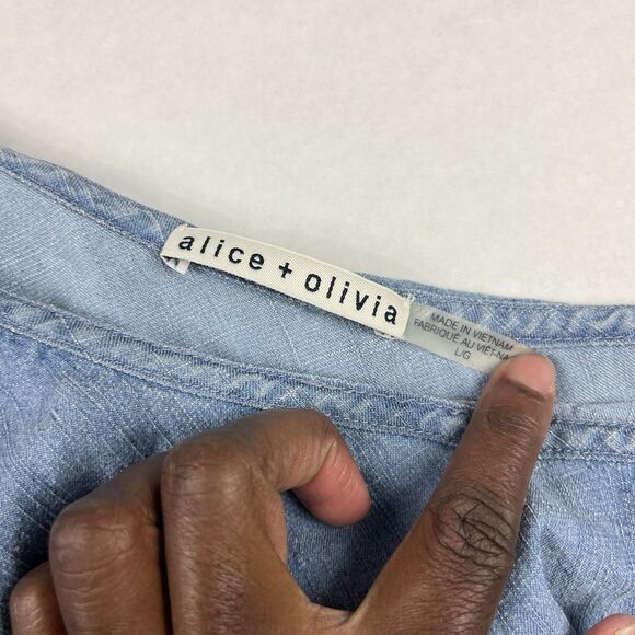 Alice + Olivia One Shoulder Chambray Top Linen Blend Ruffled Blue Shirt Large - Picture 3 of 9